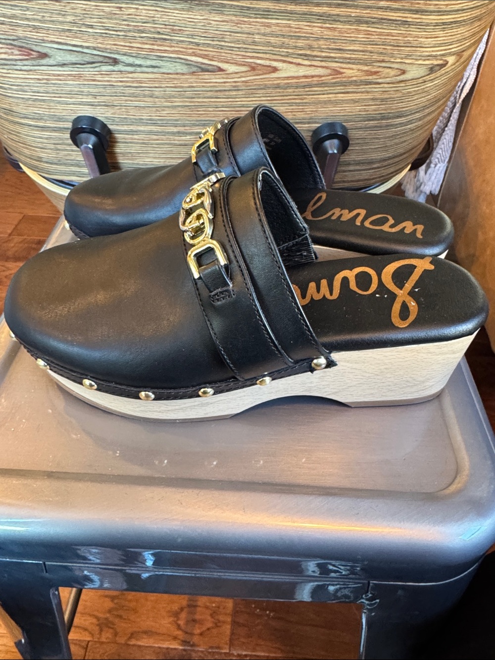 Sam Edelman Black Leather Slip-On Clogs with Gold Chain Accent - Picture 3 of 11